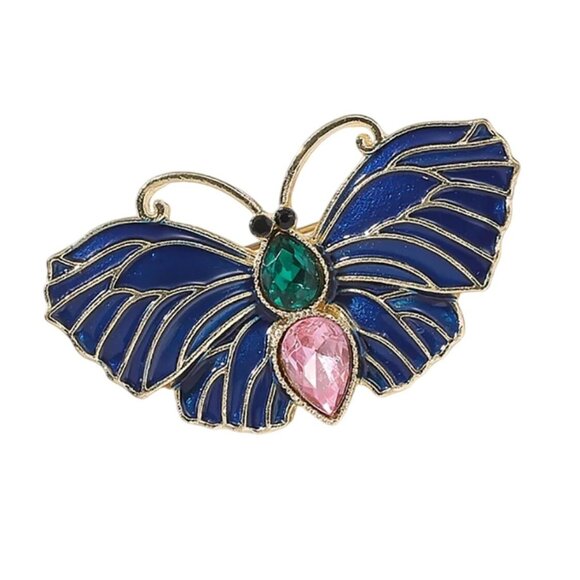 Blue Butterfly Enamel Brooch With Green & Pink jewels Gold Tone - Picture 1 of 2